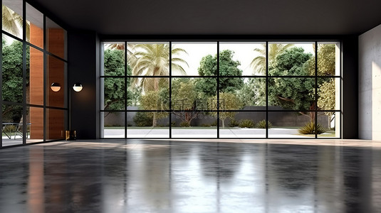 房屋的当代 3D 插图，具有时尚的黑色外墙宽敞的窗户和抛光混凝土地板