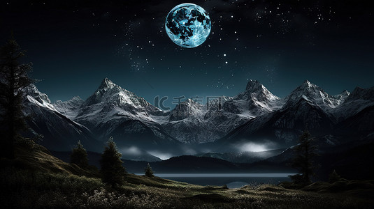 夜间风景 3D 壁纸，以黑暗的山脉树木和繁星点点的黑色天空为特色