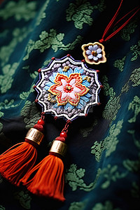 花型挂坠背景图片_挂在布上的传统刺绣吊坠