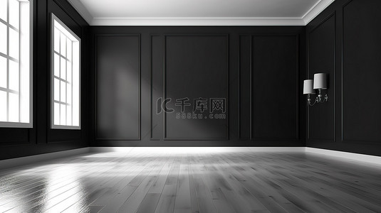 空白卧室背景图片_无人房间中白色木地板和漆成黑色墙壁的真实 3D 渲染