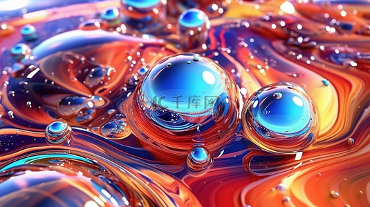 流体三重奏令人着迷的 3D 艺术背景与全息斑点和肥皂泡