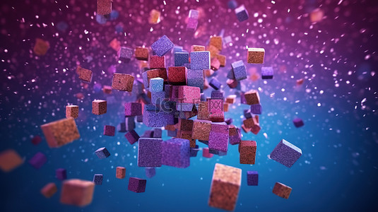 充满活力的彩色颗粒在紫色背景现代 3D 艺术品的蓝色块上翱翔