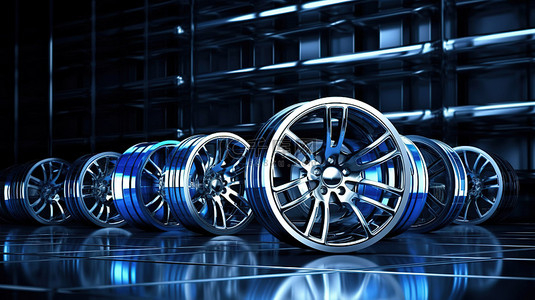 具有 3D 渲染汽车轮子的未来背景