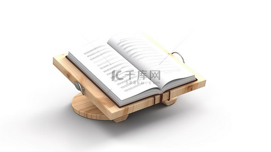 设计上的美食背景图片_木制书架，展示一本空白的烹饪书，在 3D 渲染的白色背景上有足够的设计空间
