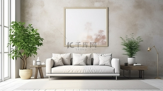背景地板背景图片_现代客厅内部配有白色沙发和大理石地板，配有帆布模型 3D 渲染