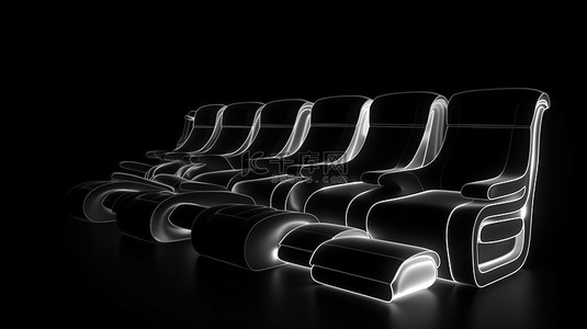 抽象黑色背景与 3D 渲染电影院座椅沙发和沙发椅