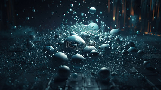 空空间中的未来背景混沌蓝色球体抽象 3D 渲染