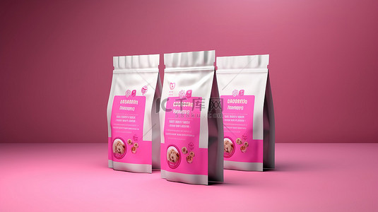 卡通宠物商店背景图片_3D渲染粉红色背景狗粮包装设计