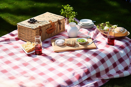 野餐桌背景图片_草坪上的野餐桌，野餐毯上放着食物和饮料