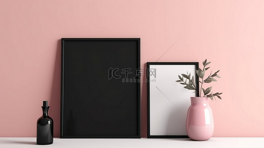 空白垂直样机模板的 3D 插图，粉红色架子上有倾斜的黑色相框