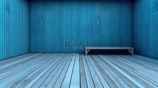 带木地板和蓝色墙板的美丽蓝色露台的 3d 渲染