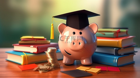 研究生背景图片_带教育用品的毕业存钱罐教育储蓄的 3D 插图