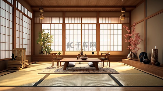 传统日式旅馆客厅的 3D 渲染，配有榻榻米地板和装饰