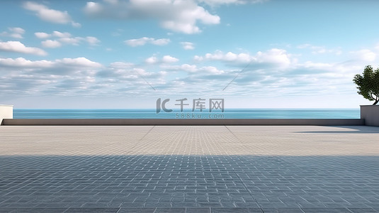 复活岛石像背景图片_用于停车的空柏油路面 3D 描绘灰色路径，风景优美的海滩和海洋背景