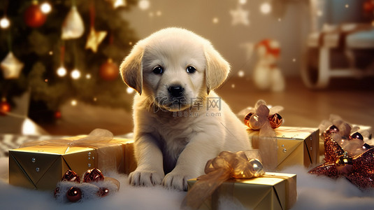 狗狗圣诞老人背景图片_圣诞节小狗节日狗 3d 插图