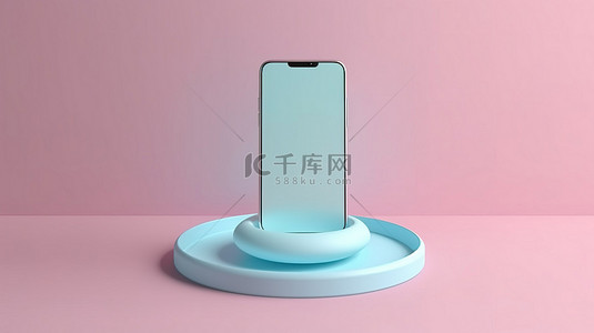 手机支架背景图片_带有智能手机的圆形支架，3D 呈现柔和的蓝色背景