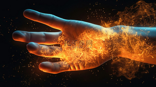 强烈照亮的 3D 特写手抓住另一只手，发出炽热的光芒，谨防恐慌概念