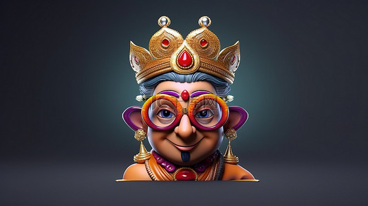 皇家卡塔卡利装饰着皇冠和眼镜令人惊叹的 3D 渲染