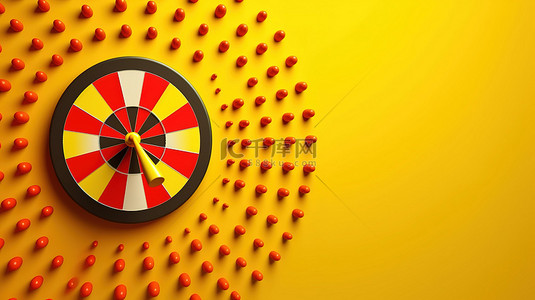 3D 渲染的飞镖板和完美瞄准的飞镖在黄色背景上击中靶心的插图，象征着商业成功和战略