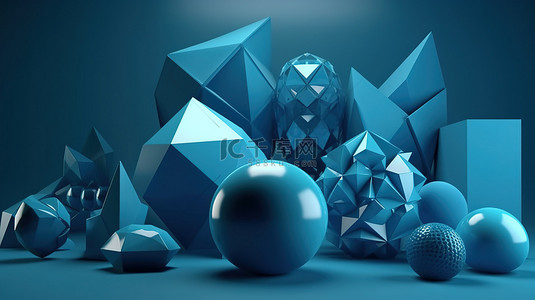 简单的几何形状漂浮在迷人的蓝色 3D 渲染中