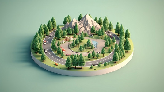 等距天堂圆形景观的 3D 图像，有宁静的道路树木翠绿的草地和雄伟的山脉