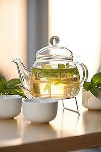 凉茶壶背景图片_桌子上有一个茶壶和两个杯子