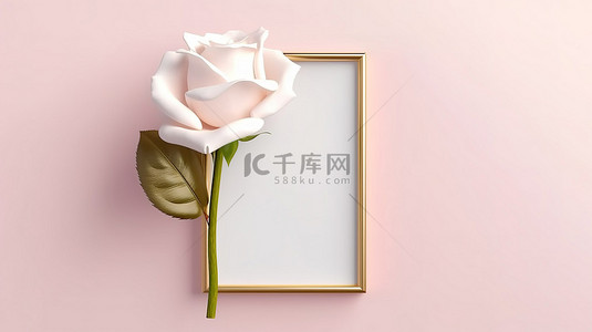 粉白玫瑰背景图片_情人节概念粉红色玫瑰金框在空白白纸 3d 渲染
