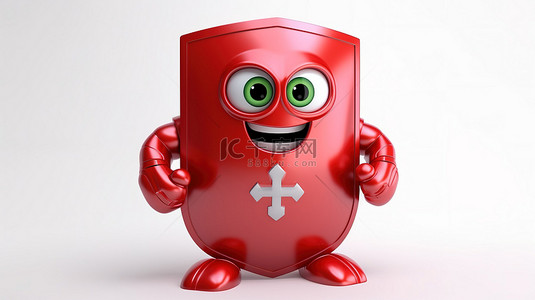白色背景的 3D 渲染，带有抽象充电电池和红色金属盾吉祥物以提供保护