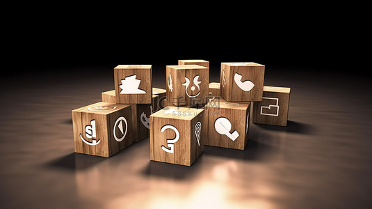 科技社区图标背景图片_3D 木制立方体中的社交媒体图标