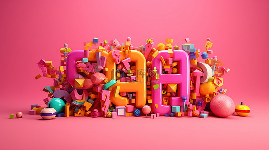 粉红色背景上彩色塑料字母的充满活力的 3D 插图非常适合回到学校季节