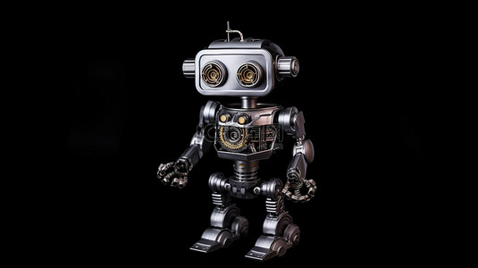 黑色背景下 3d 渲染中的 x 射线机器人锡玩具