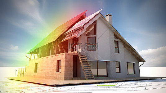 节能建筑 3D 渲染房屋，附有蓝图和能效评级表