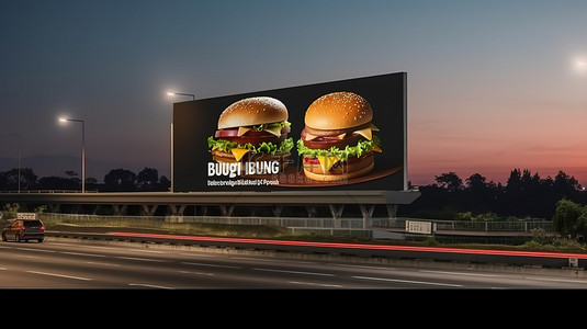 快餐店海报背景图片_高速公路汉堡广告牌的模型 3D 渲染