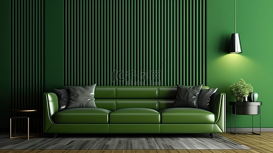 时尚现代的起居空间，采用充满活力的绿色色调，配有条纹壁纸和采用 3D 渲染打造的毛绒沙发