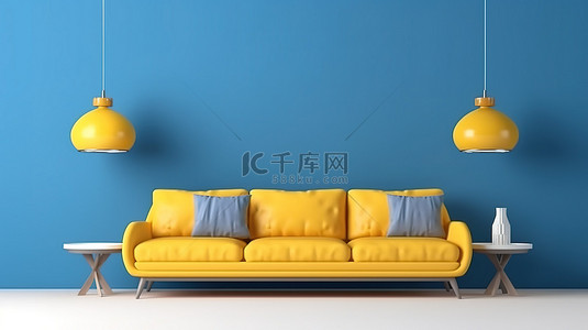 一家三代背景图片_蓝墙黄色沙发的宁静氛围 3D 渲染，配有枕头白色地毯和三盏灯