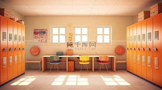真实黑板背景图片_现代教室的真实 3D 渲染，配有时尚的课桌座位学校储物柜和董事会