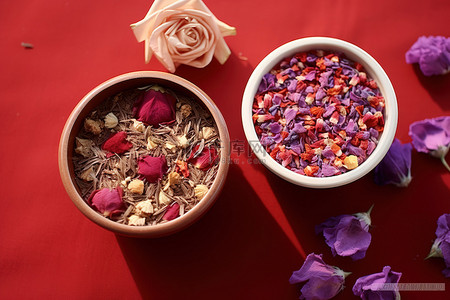 玫瑰花瓣玫瑰背景图片_盛满玫瑰花瓣和紫色洋甘菊混合物的碗