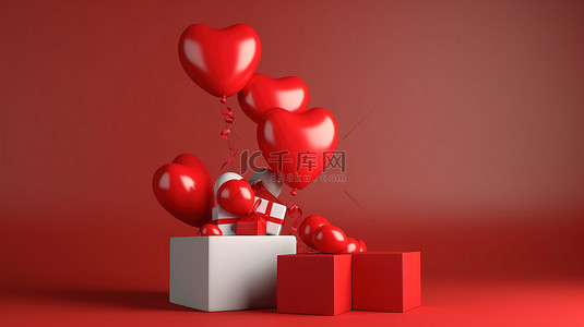 情人节横幅心形气球和 3d 礼品盒