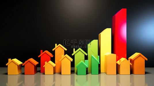 3D 渲染中描绘的不断上涨的房地产市场图表