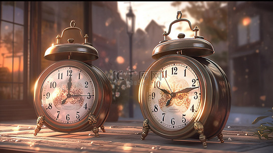 时钟背景复古背景图片_3D 渲染中的双面复古风格闹钟
