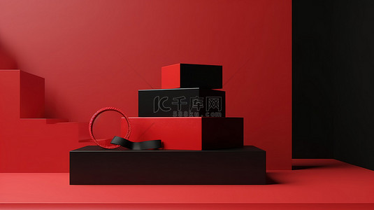 黑色礼盒背景图片_圣诞新年销售主题简单的产品背景，具有 3D 渲染的红色讲台和黑色礼盒