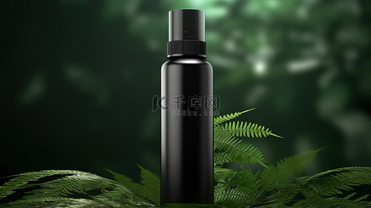 单个树叶背景图片_带有白色空标签和树叶装饰的单个大 vape 血清化妆品黑瓶包装的 3D 插图