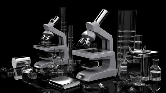 化学实验室器皿背景图片_探索实验室黑色背景下用于化学研究的尖端仪器和显微镜的 3D 插图