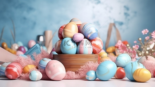 金色图形背景图片_现实的复活节装饰品 3D 礼品盒和快乐背景上的鸡蛋