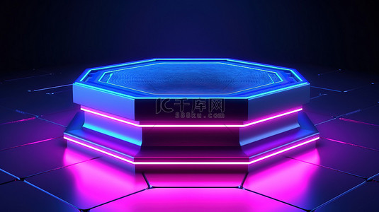 形状底座背景图片_高科技蓝色六边形产品展示底座的 3D 渲染，带有充满活力的紫色霓虹灯