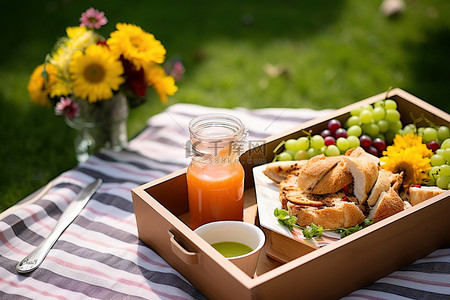 拉花背景图片_公园里的午餐盒，配有鸡肉沙拉