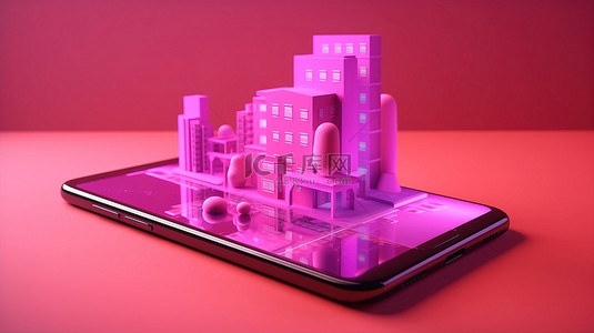 充满活力的粉红色和紫色背景，以手机屏幕上的元宇宙虚拟世界和数字虚拟技术的 3D 渲染为特色