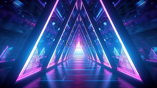 3D 渲染的霓虹灯照明隧道，空间中未来派三角形