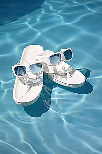 太阳镜背景图片_游泳池水中的人字拖和太阳镜