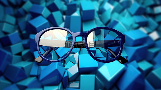 蓝色太阳镜周围几何形状的 3D 渲染